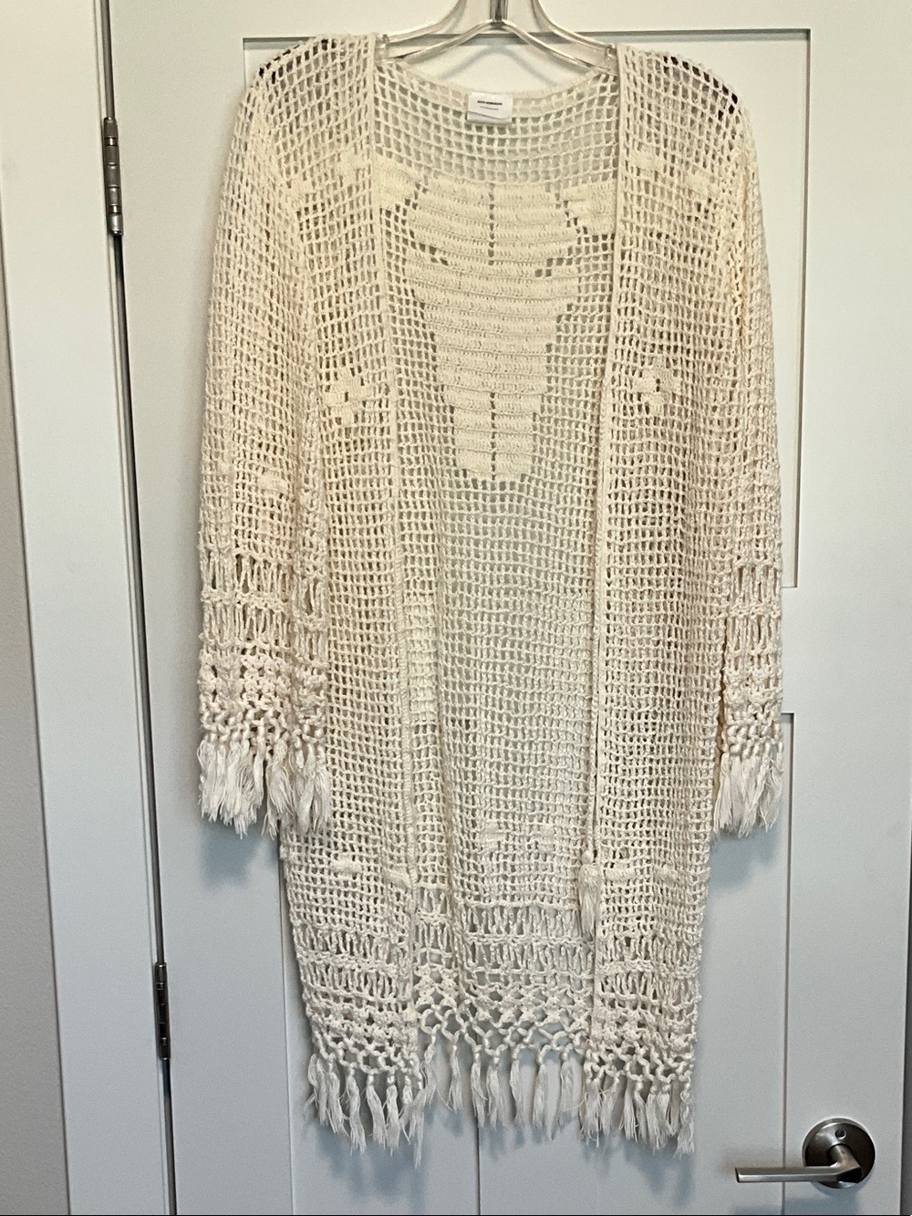 Open Crochet Fringe Swim Coverup in Cream